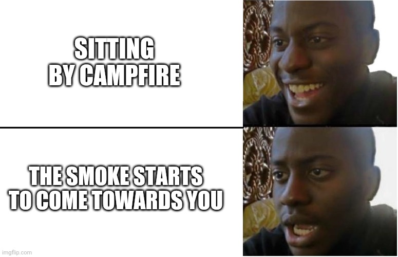 Disappointed Black Guy | SITTING BY CAMPFIRE; THE SMOKE STARTS TO COME TOWARDS YOU | image tagged in disappointed black guy | made w/ Imgflip meme maker