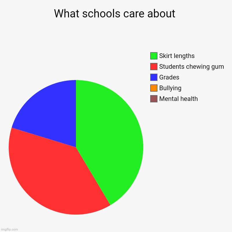 What schools care about | Mental health, Bullying, Grades, Students chewing gum, Skirt lengths | image tagged in charts,pie charts | made w/ Imgflip chart maker