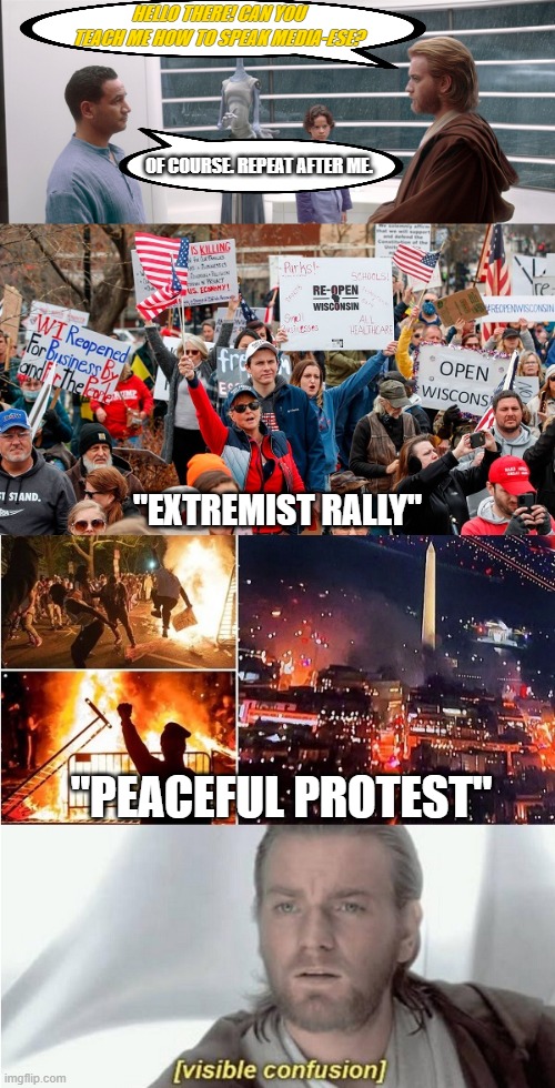 Fett News | HELLO THERE! CAN YOU TEACH ME HOW TO SPEAK MEDIA-ESE? OF COURSE. REPEAT AFTER ME. "EXTREMIST RALLY"; "PEACEFUL PROTEST" | image tagged in protesters | made w/ Imgflip meme maker