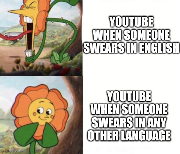cagney carnation | YOUTUBE WHEN SOMEONE SWEARS IN ENGLISH; YOUTUBE WHEN SOMEONE SWEARS IN ANY OTHER LANGUAGE | image tagged in cagney carnation | made w/ Imgflip meme maker