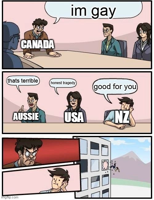 to true times two | im gay; CANADA; thats terrible; honest tragedy; good for you; NZ; AUSSIE; USA | image tagged in memes,boardroom meeting suggestion | made w/ Imgflip meme maker
