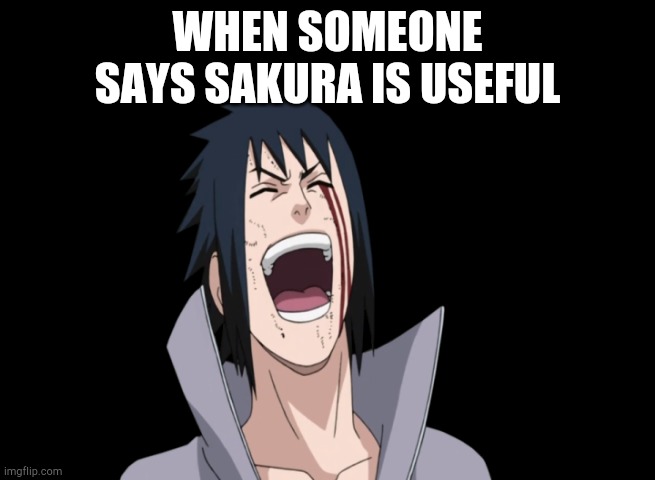 Sasuke laugh | WHEN SOMEONE SAYS SAKURA IS USEFUL | image tagged in sasuke laugh | made w/ Imgflip meme maker