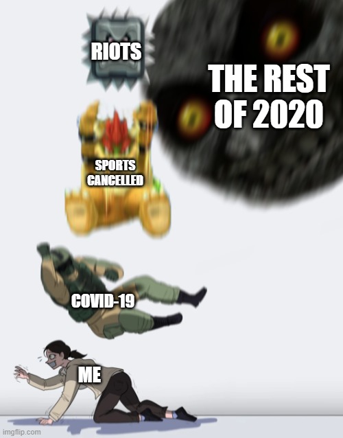2020 in a nutshell | RIOTS; THE REST OF 2020; SPORTS CANCELLED; COVID-19; ME | image tagged in 2020,covid-19,protest,coronavirus,corona virus,meme | made w/ Imgflip meme maker