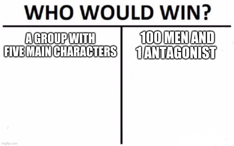 Who Would Win? | A GROUP WITH FIVE MAIN CHARACTERS; 100 MEN AND 1 ANTAGONIST | image tagged in memes,who would win | made w/ Imgflip meme maker