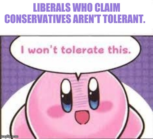 I won’t tolerate this | LIBERALS WHO CLAIM CONSERVATIVES AREN'T TOLERANT. | image tagged in i wont tolerate this | made w/ Imgflip meme maker