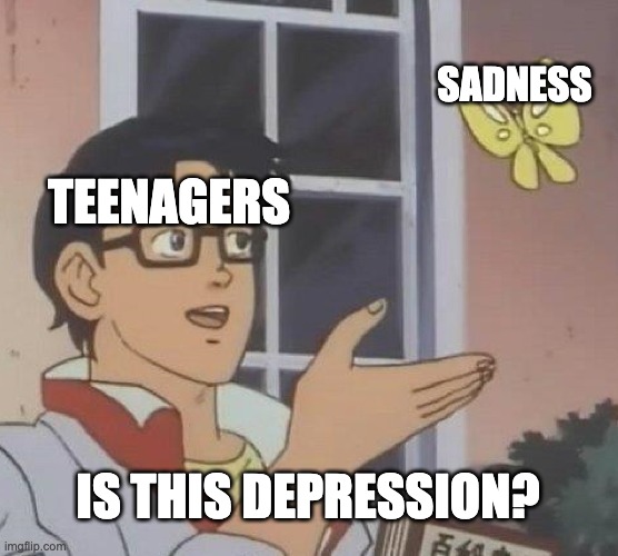 bomers is they made memes | SADNESS; TEENAGERS; IS THIS DEPRESSION? | image tagged in memes,is this a pigeon | made w/ Imgflip meme maker