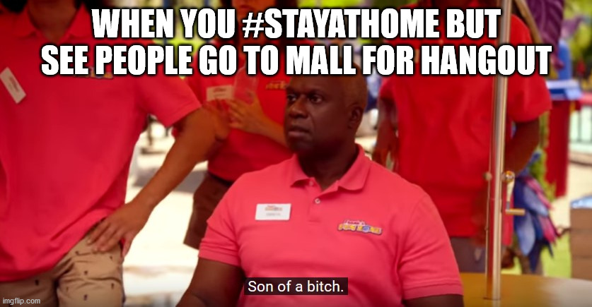 you should stay at home | WHEN YOU #STAYATHOME BUT SEE PEOPLE GO TO MALL FOR HANGOUT | image tagged in brooklyn nine nine,stay at home,social distancing | made w/ Imgflip meme maker