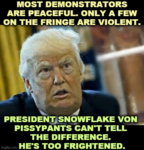 The Demented Draft Dodger is the Weakest Wuss in Washington. | MOST DEMONSTRATORS ARE PEACEFUL. ONLY A FEW ON THE FRINGE ARE VIOLENT. PRESIDENT SNOWFLAKE VON 
PISSYPANTS CAN'T TELL 
THE DIFFERENCE. 
HE'S TOO FRIGHTENED. | image tagged in trump,coward,frightened,scared,weak,insane | made w/ Imgflip meme maker