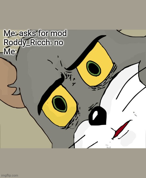 Unsettled Tom | Me: asks for mod
Roddy_Ricch: no
Me: | image tagged in the meme this stream is made for | made w/ Imgflip meme maker