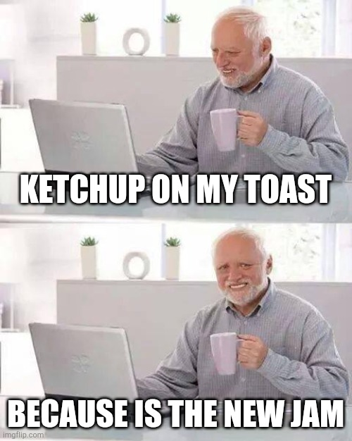 Hide the Pain Harold Meme | KETCHUP ON MY TOAST BECAUSE IS THE NEW JAM | image tagged in memes,hide the pain harold | made w/ Imgflip meme maker