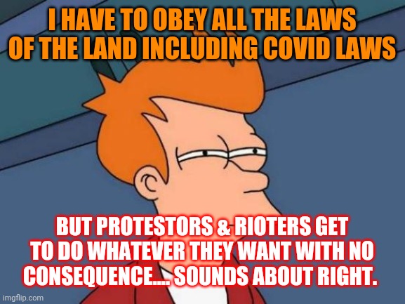 Futurama Fry | I HAVE TO OBEY ALL THE LAWS OF THE LAND INCLUDING COVID LAWS; BUT PROTESTORS & RIOTERS GET TO DO WHATEVER THEY WANT WITH NO CONSEQUENCE.... SOUNDS ABOUT RIGHT. | image tagged in memes,futurama fry | made w/ Imgflip meme maker