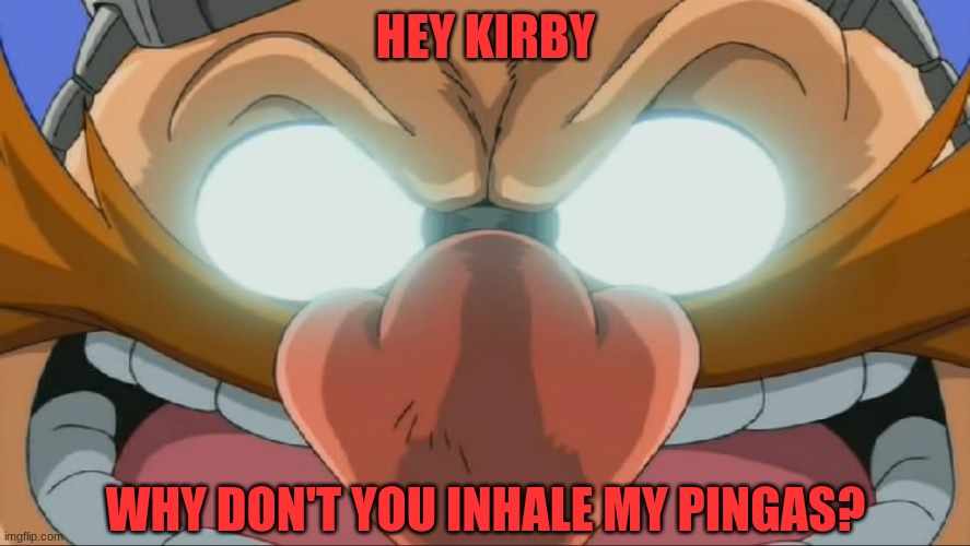 Evil Eggman - Sonic X | HEY KIRBY WHY DON'T YOU INHALE MY PINGAS? | image tagged in evil eggman - sonic x | made w/ Imgflip meme maker