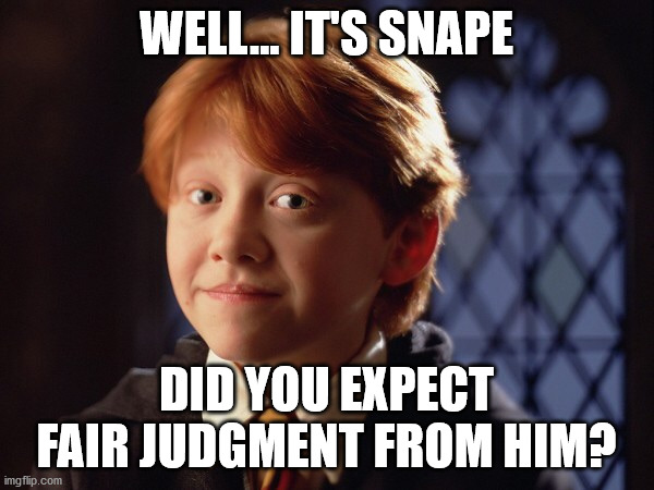 Ron Weasley | WELL... IT'S SNAPE DID YOU EXPECT FAIR JUDGMENT FROM HIM? | image tagged in ron weasley | made w/ Imgflip meme maker