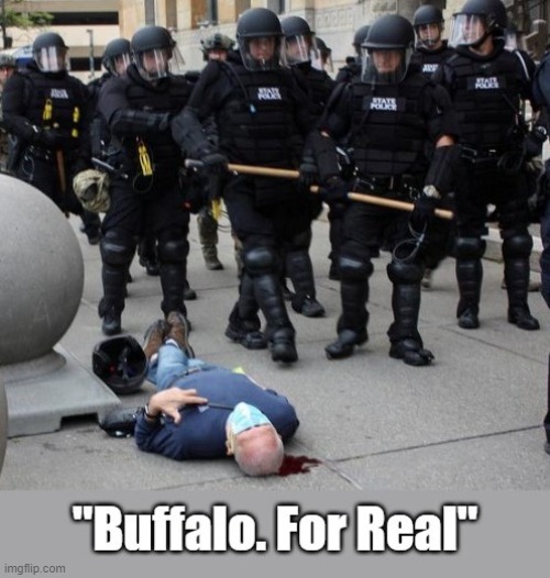 Buffalo police knock 75-year-old protester to the ground, then ignore him as he lay bleeding, motionless on the ground | image tagged in buffalo for real,police brutality,city of buffalo,75-year-old protester | made w/ Imgflip meme maker