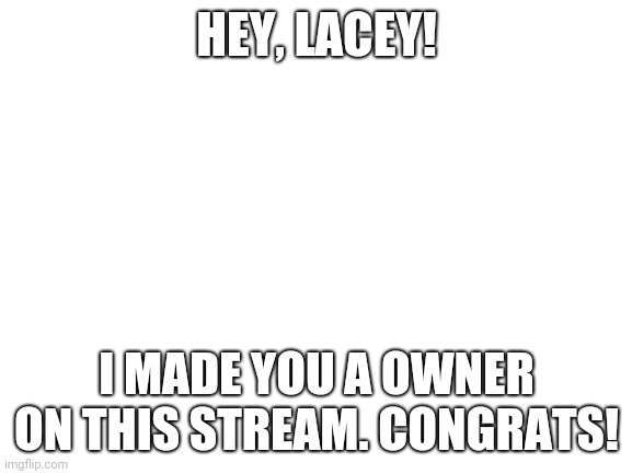 Congratulations on becoming owner! | HEY, LACEY! I MADE YOU A OWNER ON THIS STREAM. CONGRATS! | image tagged in blank white template | made w/ Imgflip meme maker