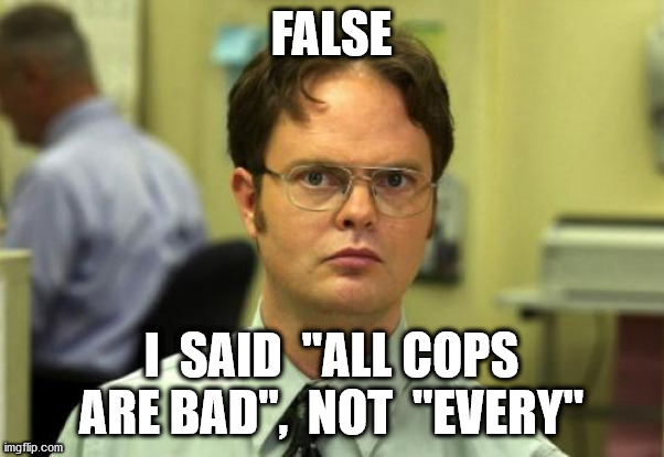Dwight Schrute Meme | FALSE I  SAID  "ALL COPS ARE BAD",  NOT  "EVERY" | image tagged in memes,dwight schrute | made w/ Imgflip meme maker