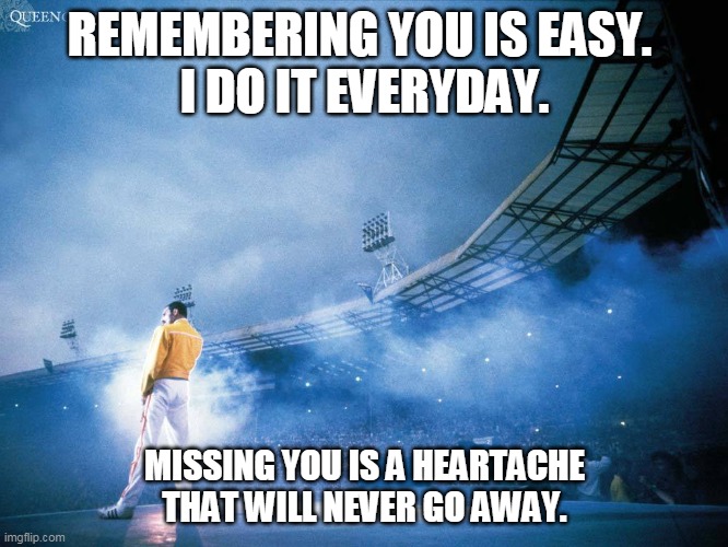 Remembering Freddie poem meme | REMEMBERING YOU IS EASY. 
I DO IT EVERYDAY. MISSING YOU IS A HEARTACHE THAT WILL NEVER GO AWAY. | image tagged in freddie mercury,queen,freddie mercury death,missing freddie,music,singers | made w/ Imgflip meme maker