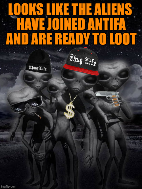 Ready for some peaceful protests? | LOOKS LIKE THE ALIENS 
HAVE JOINED ANTIFA
AND ARE READY TO LOOT | image tagged in alien week aliens memes,riots,antifa | made w/ Imgflip meme maker