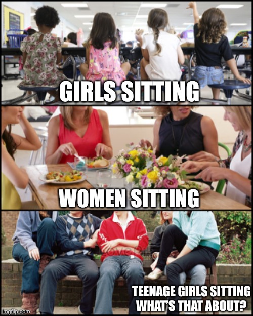 Sitting whats that about | GIRLS SITTING; WOMEN SITTING; TEENAGE GIRLS SITTING
WHAT’S THAT ABOUT? | image tagged in sitting | made w/ Imgflip meme maker