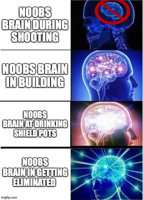 Noob LifeStyle in Fortnite | NOOBS BRAIN DURING SHOOTING; NOOBS BRAIN IN BUILDING; NOOBS BRAIN AT DRINKING SHIELD POTS; NOOBS BRAIN IN GETTING ELIMINATED | image tagged in memes,expanding brain | made w/ Imgflip meme maker