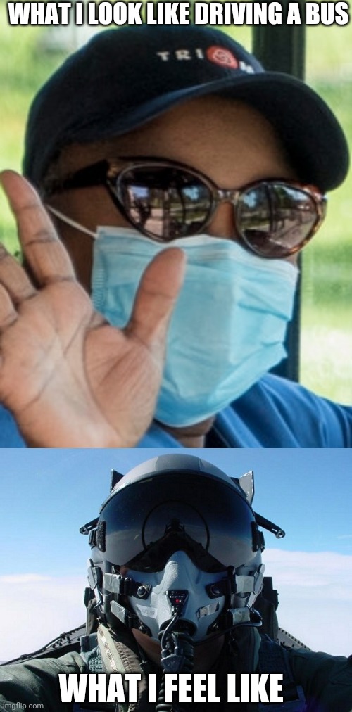 All this covid business has me feeling like.... | WHAT I LOOK LIKE DRIVING A BUS; WHAT I FEEL LIKE | image tagged in fighter pilot | made w/ Imgflip meme maker