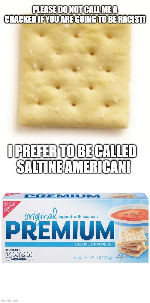 PLEASE DO NOT CALL ME A CRACKER IF YOU ARE GOING TO BE RACIST! I PREFER TO BE CALLED 
SALTINE AMERICAN! | image tagged in racism,racist,crackers,republicans,democrats,politics | made w/ Imgflip meme maker