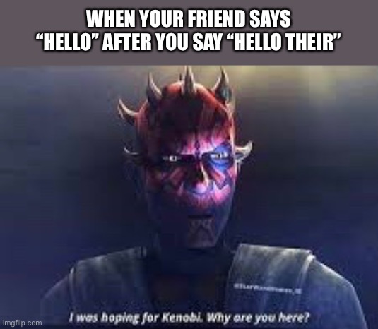 I was hoping for Kenobi, why are you here? | WHEN YOUR FRIEND SAYS “HELLO” AFTER YOU SAY “HELLO THEIR” | image tagged in darth maul | made w/ Imgflip meme maker