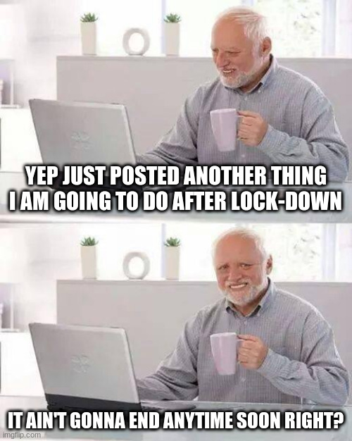 after lockdown. | YEP JUST POSTED ANOTHER THING I AM GOING TO DO AFTER LOCK-DOWN; IT AIN'T GONNA END ANYTIME SOON RIGHT? | image tagged in memes,hide the pain harold | made w/ Imgflip meme maker
