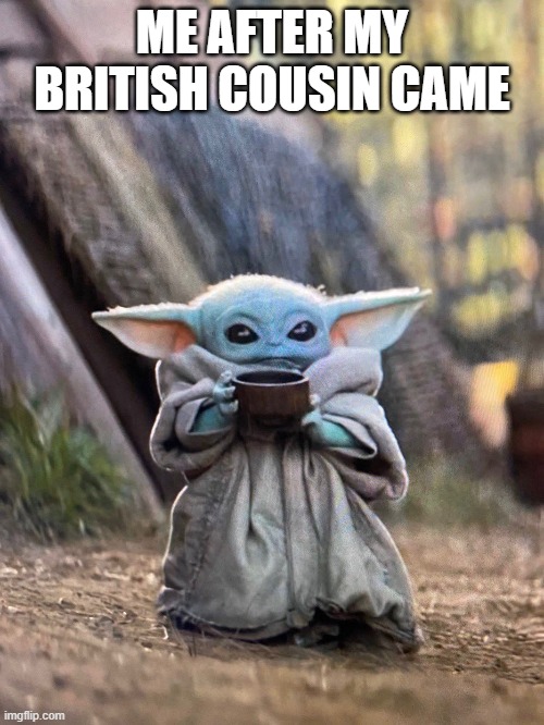 BABY YODA TEA | ME AFTER MY BRITISH COUSIN CAME | image tagged in baby yoda tea | made w/ Imgflip meme maker