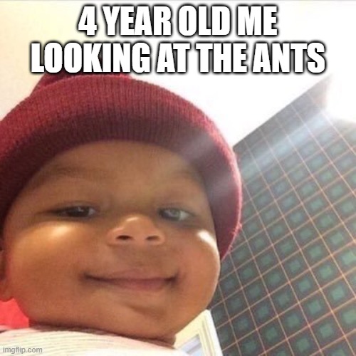 Smiling baby | 4 YEAR OLD ME LOOKING AT THE ANTS | image tagged in smiling baby | made w/ Imgflip meme maker