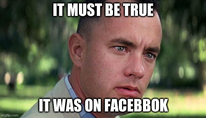 Gump | IT MUST BE TRUE; IT WAS ON FACEBBOK | image tagged in forest gump | made w/ Imgflip meme maker