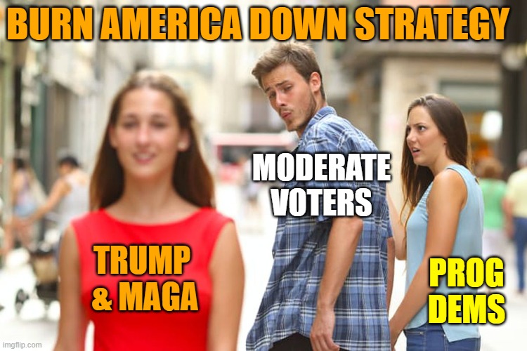 Resulting in the 2020 Trump/GOP landslides | BURN AMERICA DOWN STRATEGY; MODERATE
VOTERS; TRUMP 
& MAGA; PROG
DEMS | image tagged in memes,distracted boyfriend | made w/ Imgflip meme maker