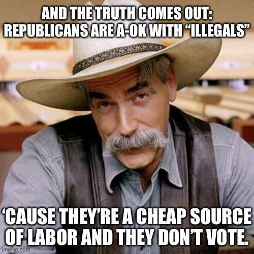 When they “joke” about deporting the Democrats and keeping the “illegals.” | AND THE TRUTH COMES OUT: REPUBLICANS ARE A-OK WITH “ILLEGALS”; ‘CAUSE THEY’RE A CHEAP SOURCE OF LABOR AND THEY DON’T VOTE. | image tagged in sarcasm cowboy,bad joke,bad jokes,conservative logic,wait that's illegal,illegal immigrants | made w/ Imgflip meme maker