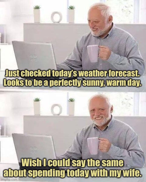 Hide the Pain Harold | Just checked today’s weather forecast. Looks to be a perfectly sunny, warm day. Wish I could say the same about spending today with my wife. | image tagged in memes,hide the pain harold | made w/ Imgflip meme maker