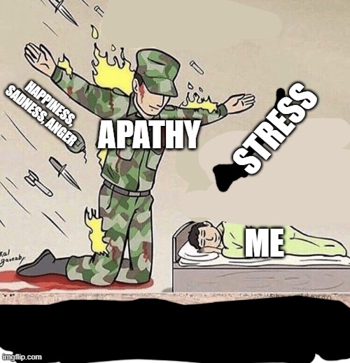 Apathy | APATHY; HAPPINESS, SADNESS, ANGER; STRESS; ME | image tagged in soldier protecting sleeping child | made w/ Imgflip meme maker