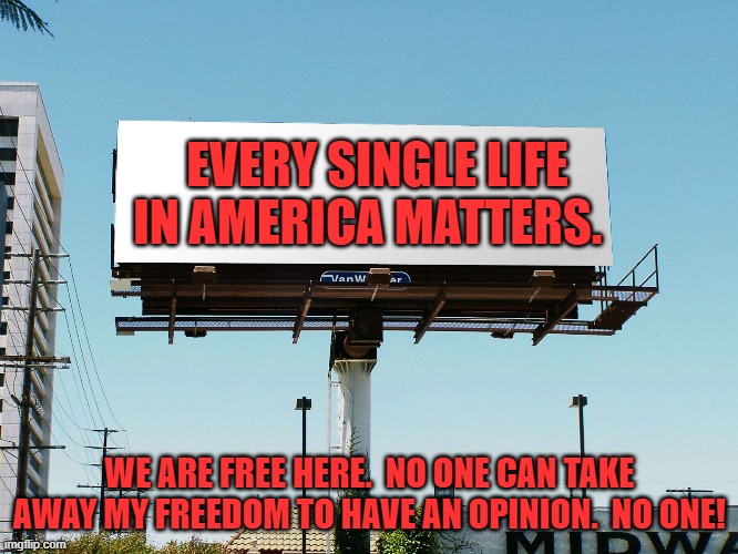 Every life matters.  Stop bullshitting and virtue signaling white people. | EVERY SINGLE LIFE IN AMERICA MATTERS. WE ARE FREE HERE.  NO ONE CAN TAKE AWAY MY FREEDOM TO HAVE AN OPINION.  NO ONE! | image tagged in billboard blank | made w/ Imgflip meme maker