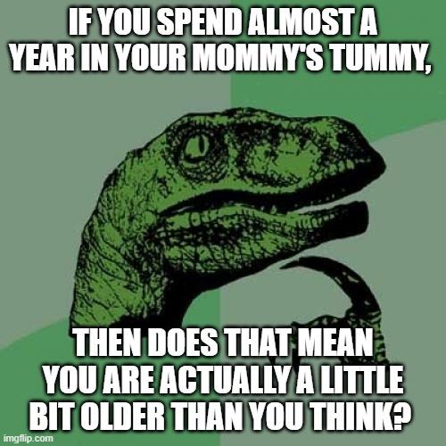 Philosoraptor Meme | IF YOU SPEND ALMOST A YEAR IN YOUR MOMMY'S TUMMY, THEN DOES THAT MEAN YOU ARE ACTUALLY A LITTLE BIT OLDER THAN YOU THINK? | image tagged in memes,philosoraptor | made w/ Imgflip meme maker