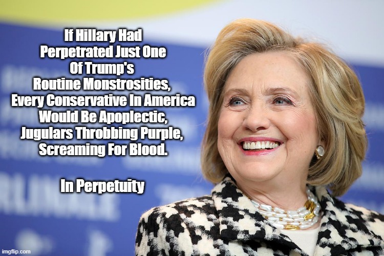  If Hillary Had Perpetrated Just One Of Trump's 
Routine Monstrosities, 
Every Conservative In America Would Be Apoplectic, Jugulars Throbbing Purple, 
Screaming For Blood. In Perpetuity | made w/ Imgflip meme maker