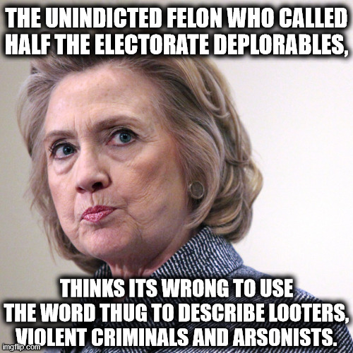 hillary clinton pissed | THE UNINDICTED FELON WHO CALLED HALF THE ELECTORATE DEPLORABLES, THINKS ITS WRONG TO USE THE WORD THUG TO DESCRIBE LOOTERS, VIOLENT CRIMINALS AND ARSONISTS. | image tagged in hillary clinton pissed | made w/ Imgflip meme maker