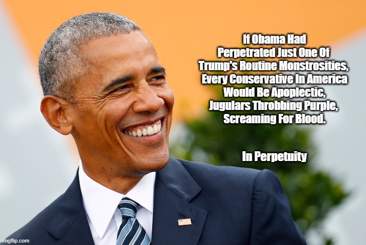  If Obama Had Perpetrated Just One Of 
Trump's Routine Monstrosities, 

Every Conservative In America Would Be Apoplectic, Jugulars Throbbing Purple, 
Screaming For Blood. In Perpetuity | made w/ Imgflip meme maker