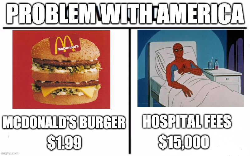 This is America | PROBLEM WITH AMERICA; HOSPITAL FEES; MCDONALD'S BURGER; $15,000; $1.99 | image tagged in memes,america,money,fun,funny,dr phil is the white mr potato head | made w/ Imgflip meme maker