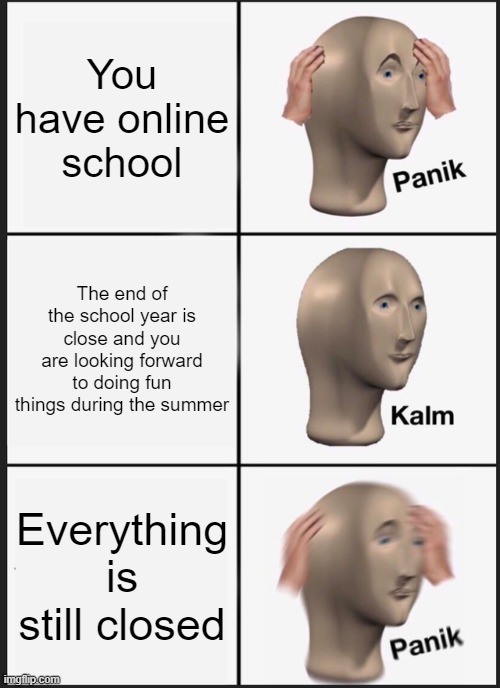 Panik Kalm Panik | You have online school; The end of the school year is close and you are looking forward to doing fun things during the summer; Everything is still closed | image tagged in memes,panik kalm panik | made w/ Imgflip meme maker