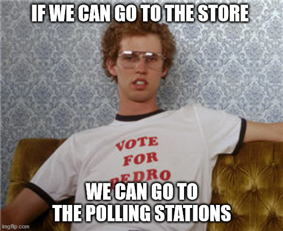 Vote | IF WE CAN GO TO THE STORE; WE CAN GO TO THE POLLING STATIONS | image tagged in vote for pedro | made w/ Imgflip meme maker