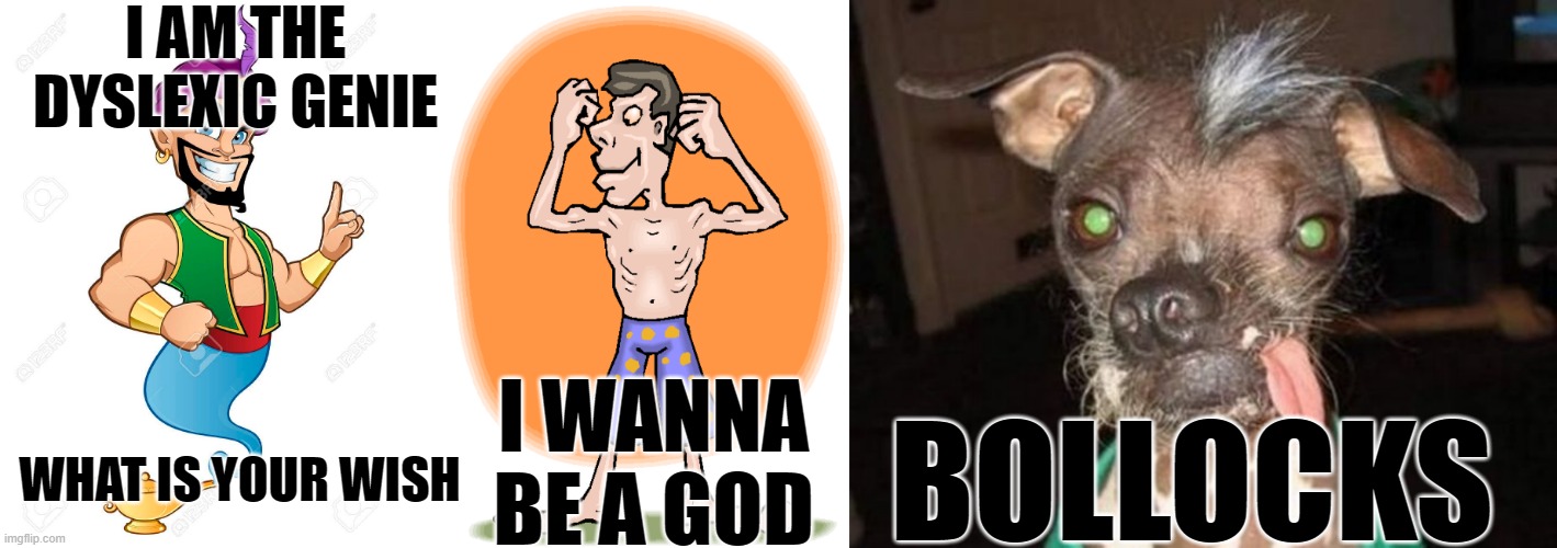 I AM THE DYSLEXIC GENIE; I WANNA BE A GOD; BOLLOCKS; WHAT IS YOUR WISH | image tagged in dyslexic | made w/ Imgflip meme maker