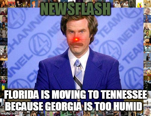 anchorman news update | NEWSFLASH; FLORIDA IS MOVING TO TENNESSEE BECAUSE GEORGIA IS TOO HUMID | image tagged in anchorman news update | made w/ Imgflip meme maker