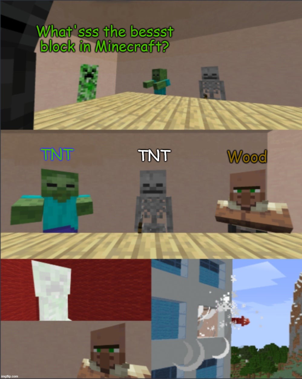 Minecraft boardroom meeting | What'sss the bessst block in Minecraft? TNT; TNT; Wood | image tagged in minecraft boardroom meeting | made w/ Imgflip meme maker
