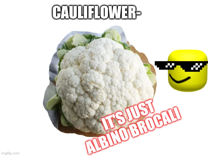 Cauliflower | CAULIFLOWER-; IT'S JUST ALBINO BROCALI | image tagged in its just- | made w/ Imgflip meme maker