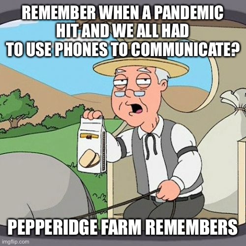 Pepperidge Farm Remembers Meme | REMEMBER WHEN A PANDEMIC HIT AND WE ALL HAD TO USE PHONES TO COMMUNICATE? PEPPERIDGE FARM REMEMBERS | image tagged in memes,pepperidge farm remembers | made w/ Imgflip meme maker