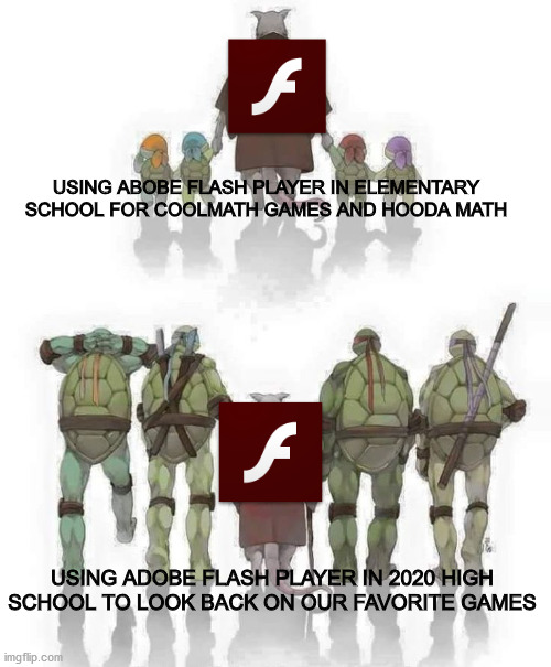 Paying respects to Adobe Flash Player for making our childhoods awesome | USING ABOBE FLASH PLAYER IN ELEMENTARY SCHOOL FOR COOLMATH GAMES AND HOODA MATH; USING ADOBE FLASH PLAYER IN 2020 HIGH SCHOOL TO LOOK BACK ON OUR FAVORITE GAMES | image tagged in ninja turtles evolution,2020,dank memes,fresh memes | made w/ Imgflip meme maker