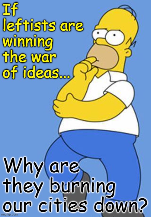 The globalist agenda at work. | If leftists are winning 
the war of ideas... Why are they burning our cities down? | image tagged in homer simpson thinking,trump,election 2020,usa | made w/ Imgflip meme maker